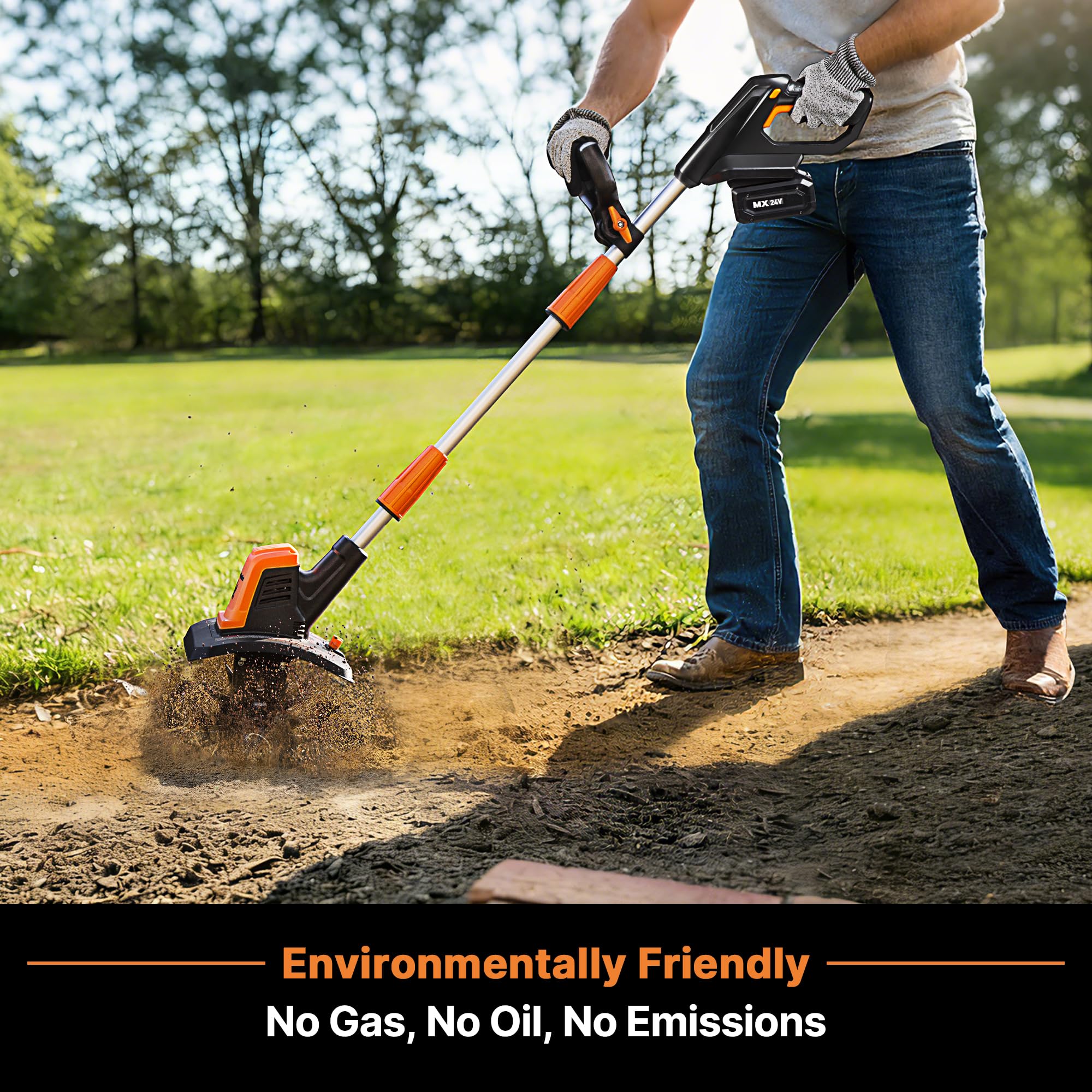 LawnMaster 24V Max 9” Tiller ready for sapling digging and planting prep.