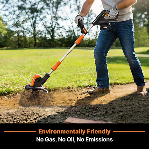 LawnMaster 24V Max 9” Tiller ready for sapling digging and planting prep.
