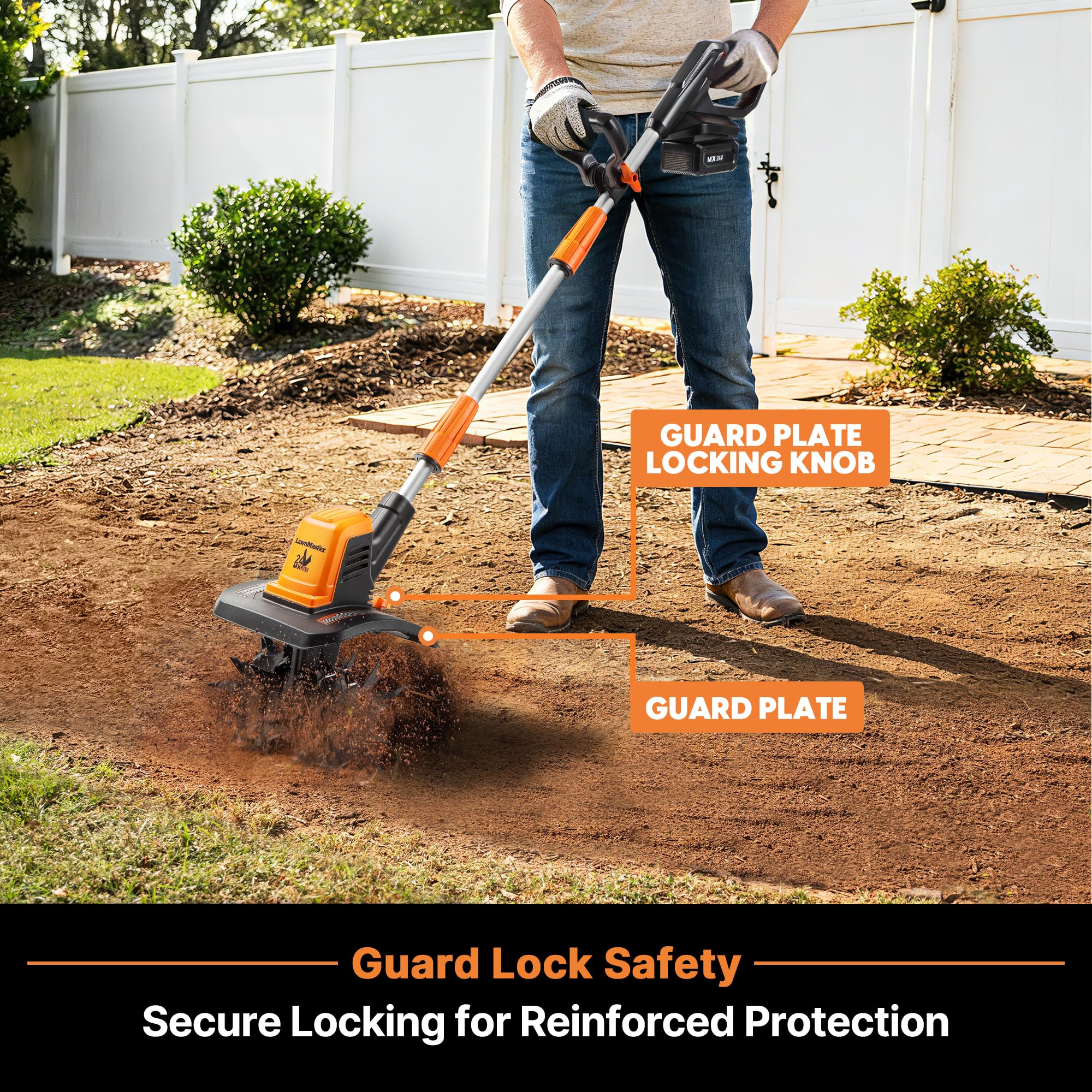 LawnMaster 24V Max 9” Tiller side angle highlighting lightweight maneuverability.