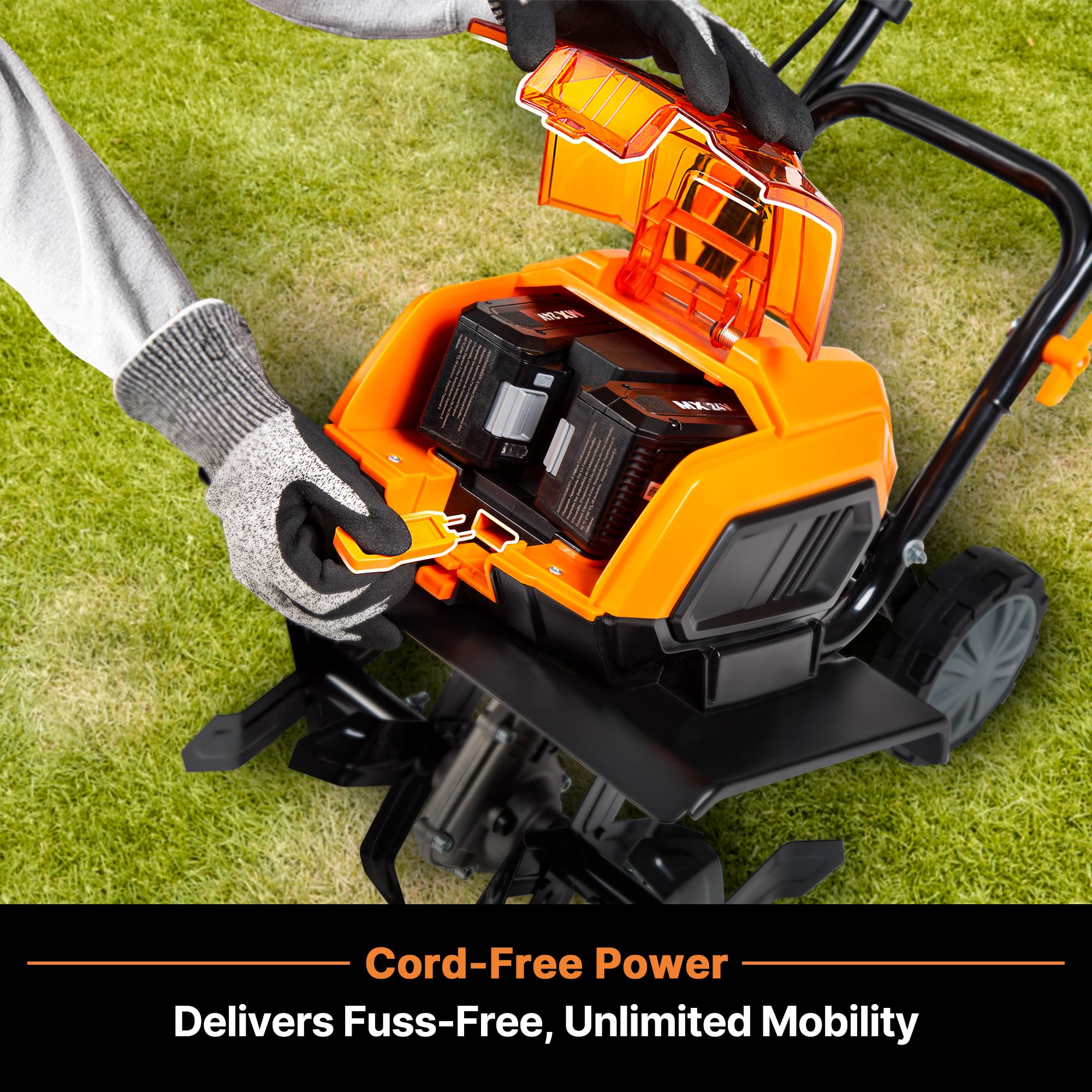 LawnMaster 48V 4.0Ah battery powering extended tilling sessions