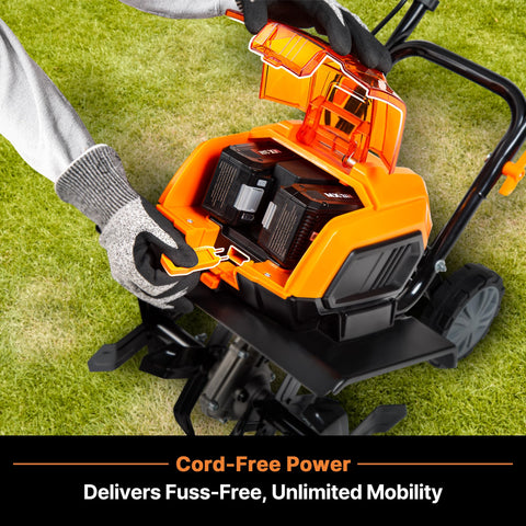 LawnMaster 48V 4.0Ah battery powering extended tilling sessions