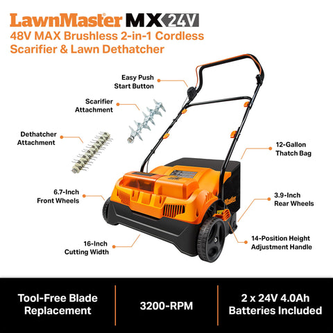 LawnMaster 2-in-1 scarifier and dethatcher for versatile lawn care tasks.