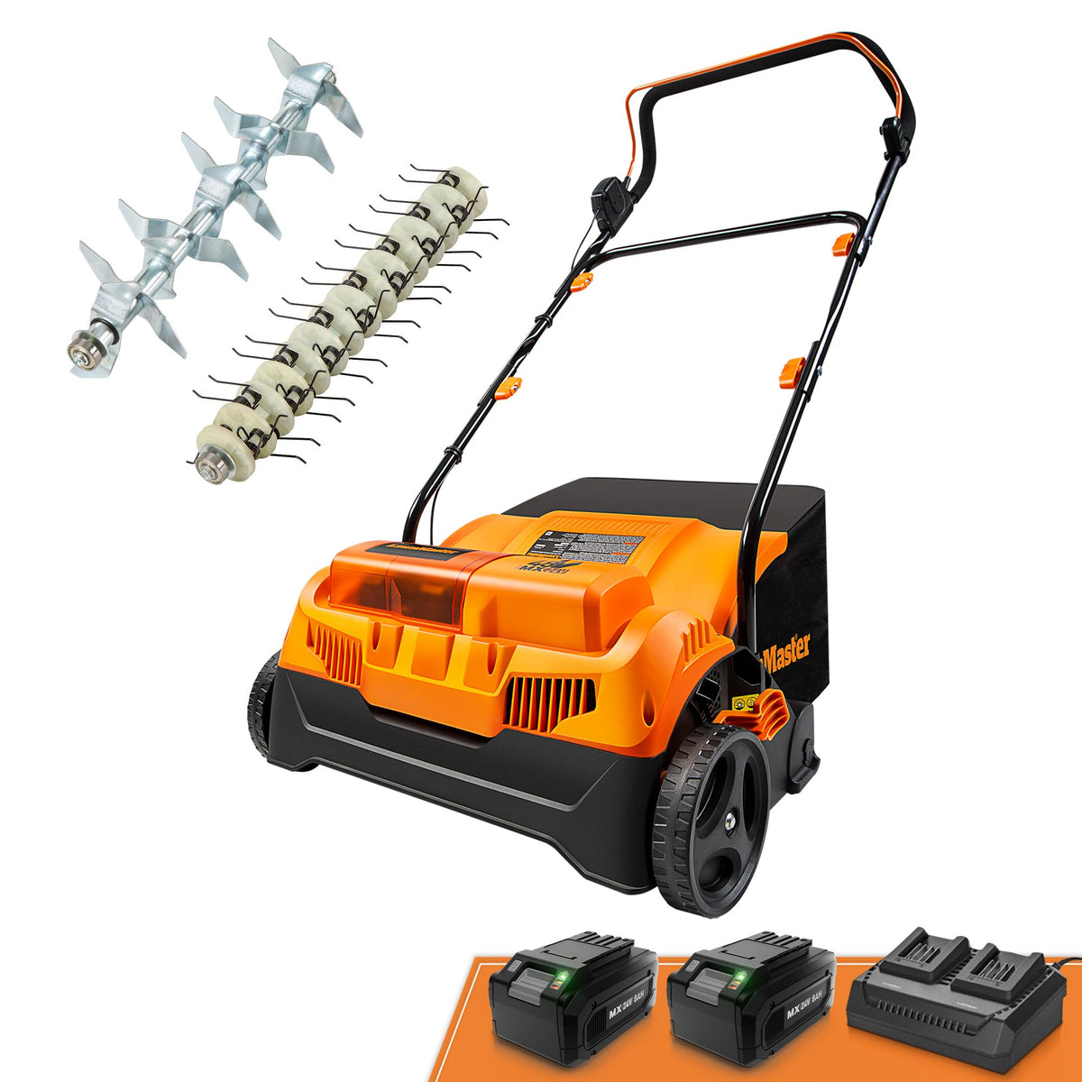 LawnMaster 48V MAX dethatcher 16-inch width for efficient thatch removal.