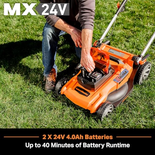 LawnMaster 48V Max mower side view showing easy maneuverability around obstacles