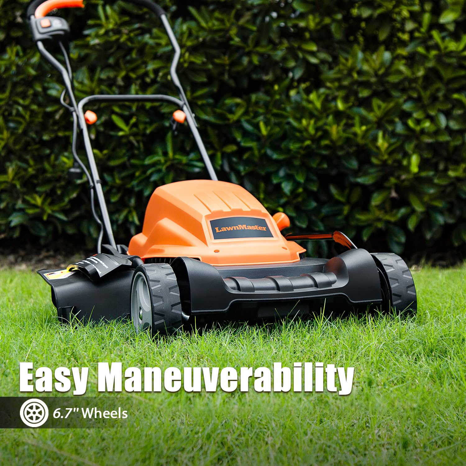 LawnMaster 6-7 inch wheels enabling smooth turf navigation