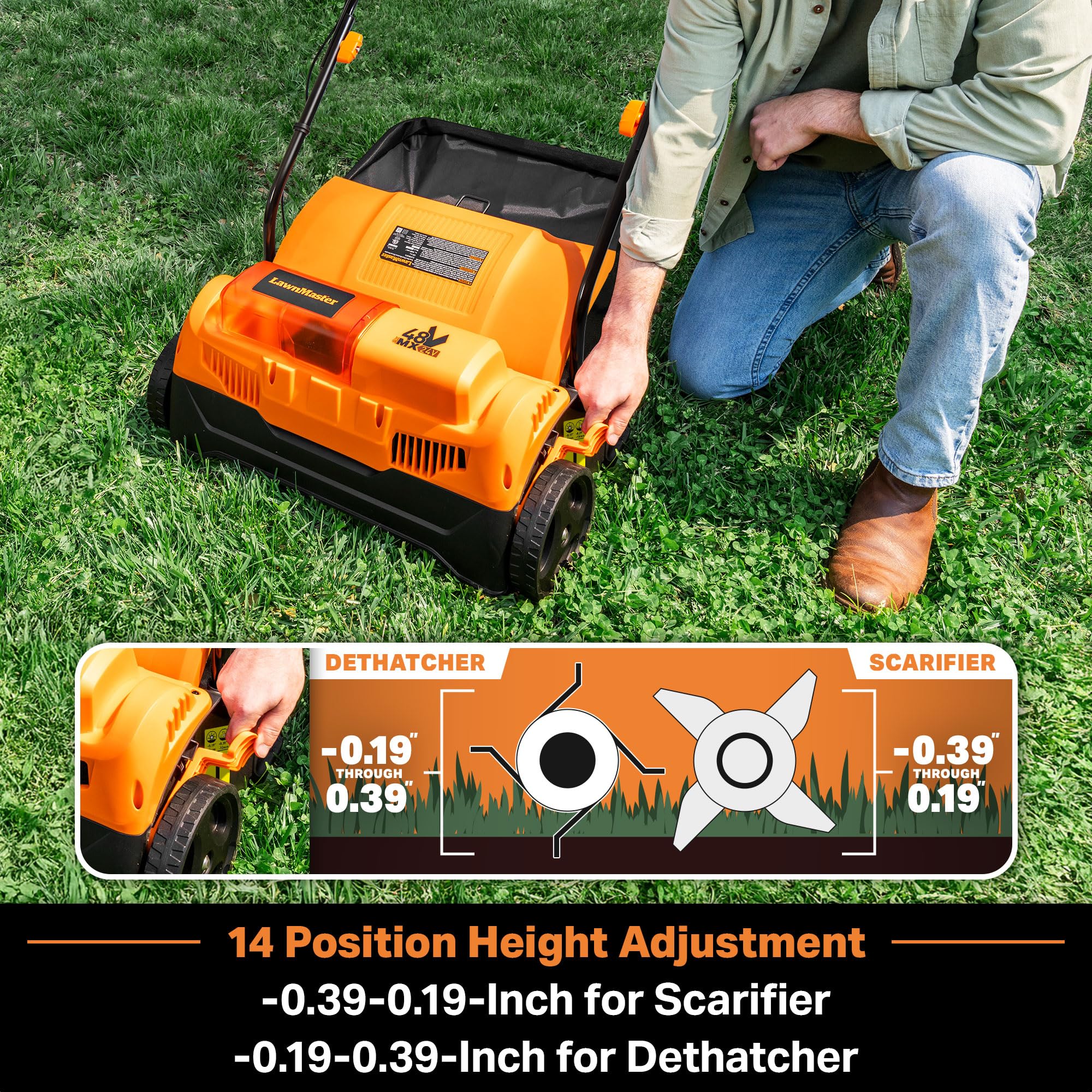 LawnMaster brushless motor delivers 3,200 RPM for strong dethatching performance.
