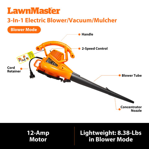 LawnMaster BV1210 240 mph air speed for fast cleanup.