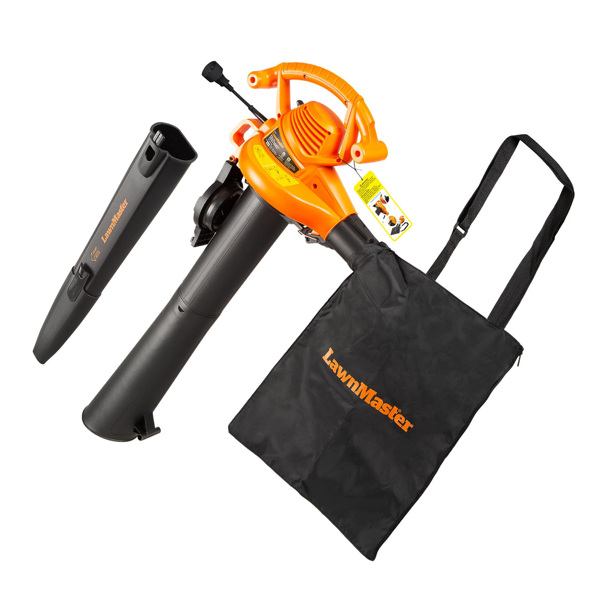 LawnMaster BV1210 blower vacuum with 380 CFM airflow for efficient debris pickup.