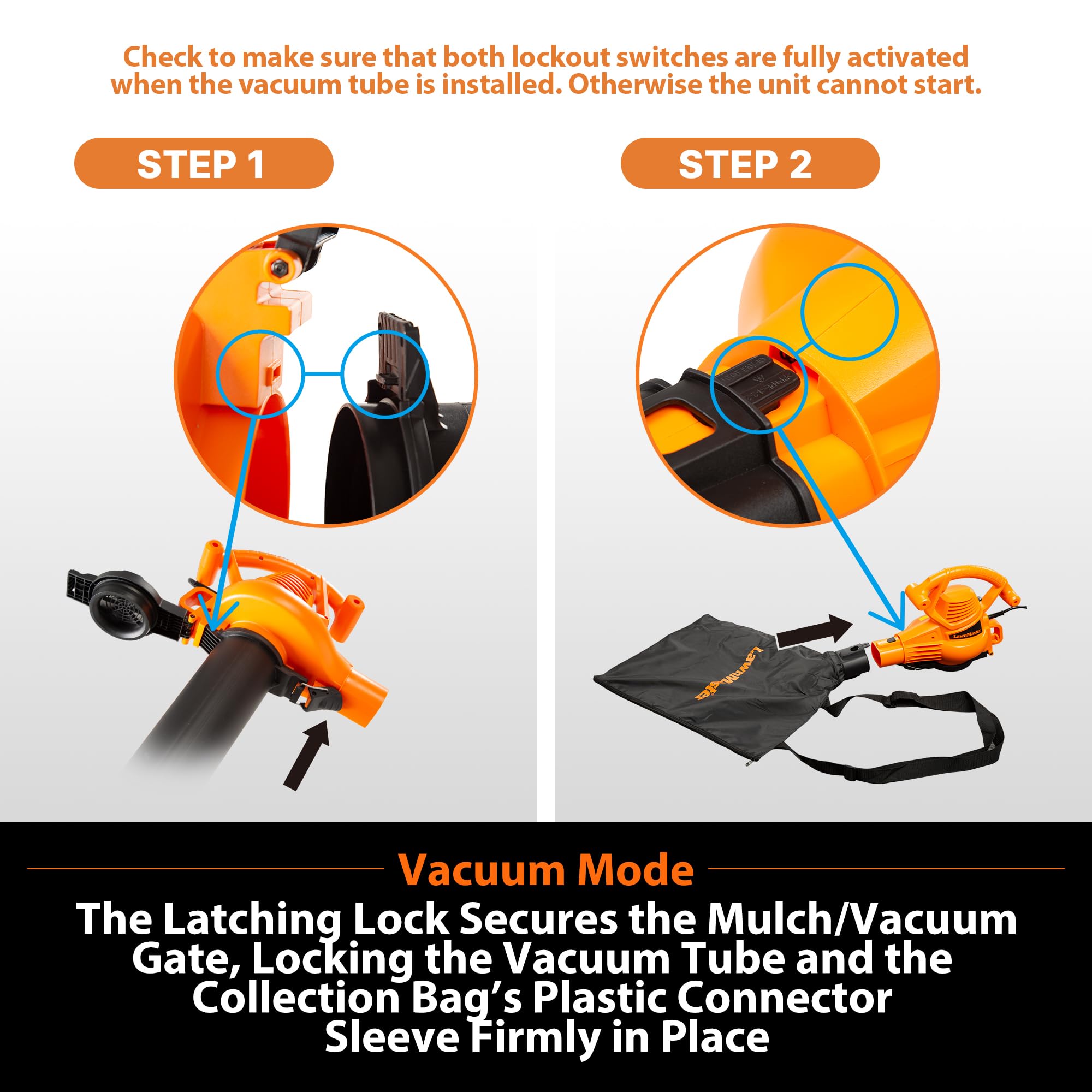 LawnMaster BV1210 concentrator nozzle boosts airflow concentration.