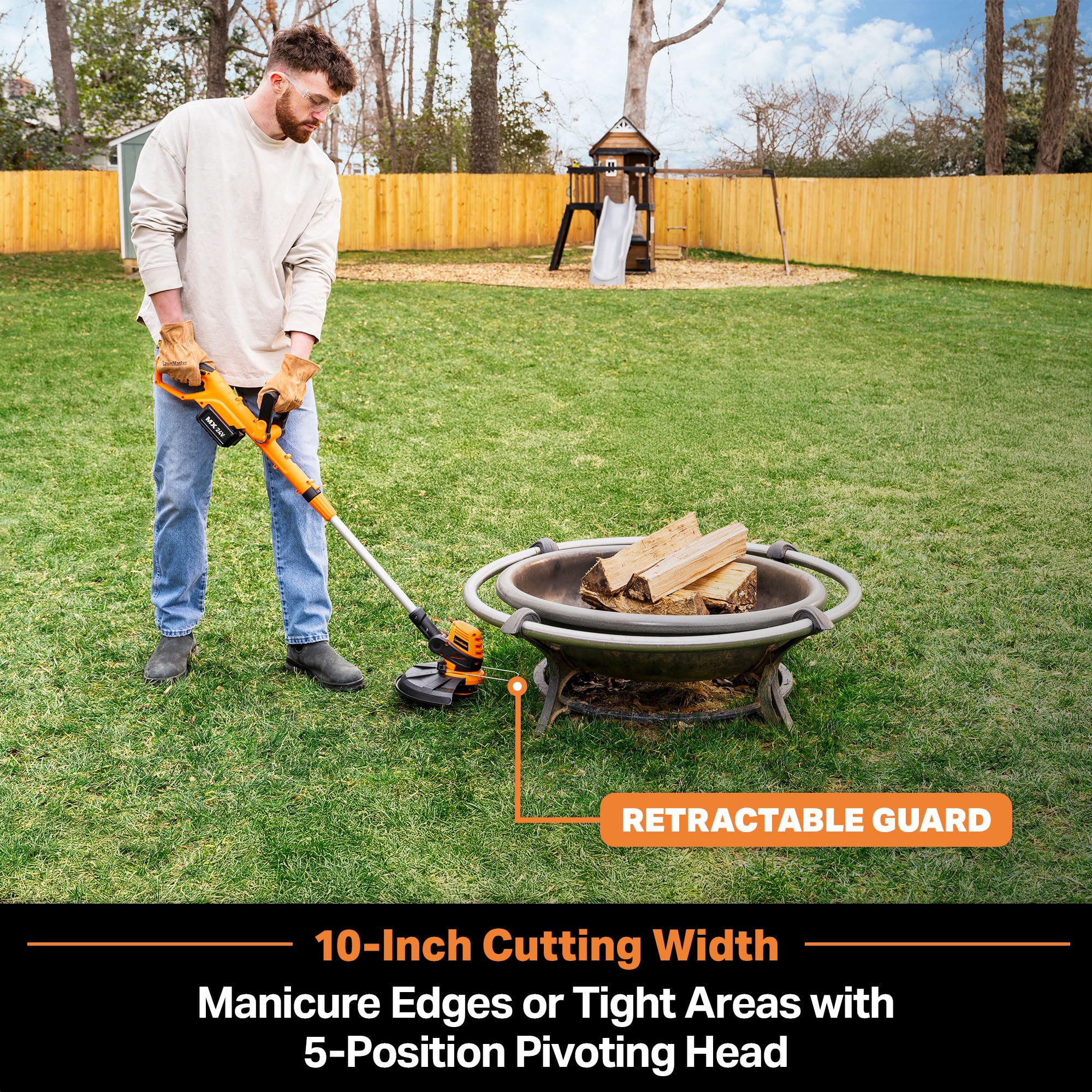 LawnMaster CLGT2410S shows battery-powered operation and charger included for quick setup.