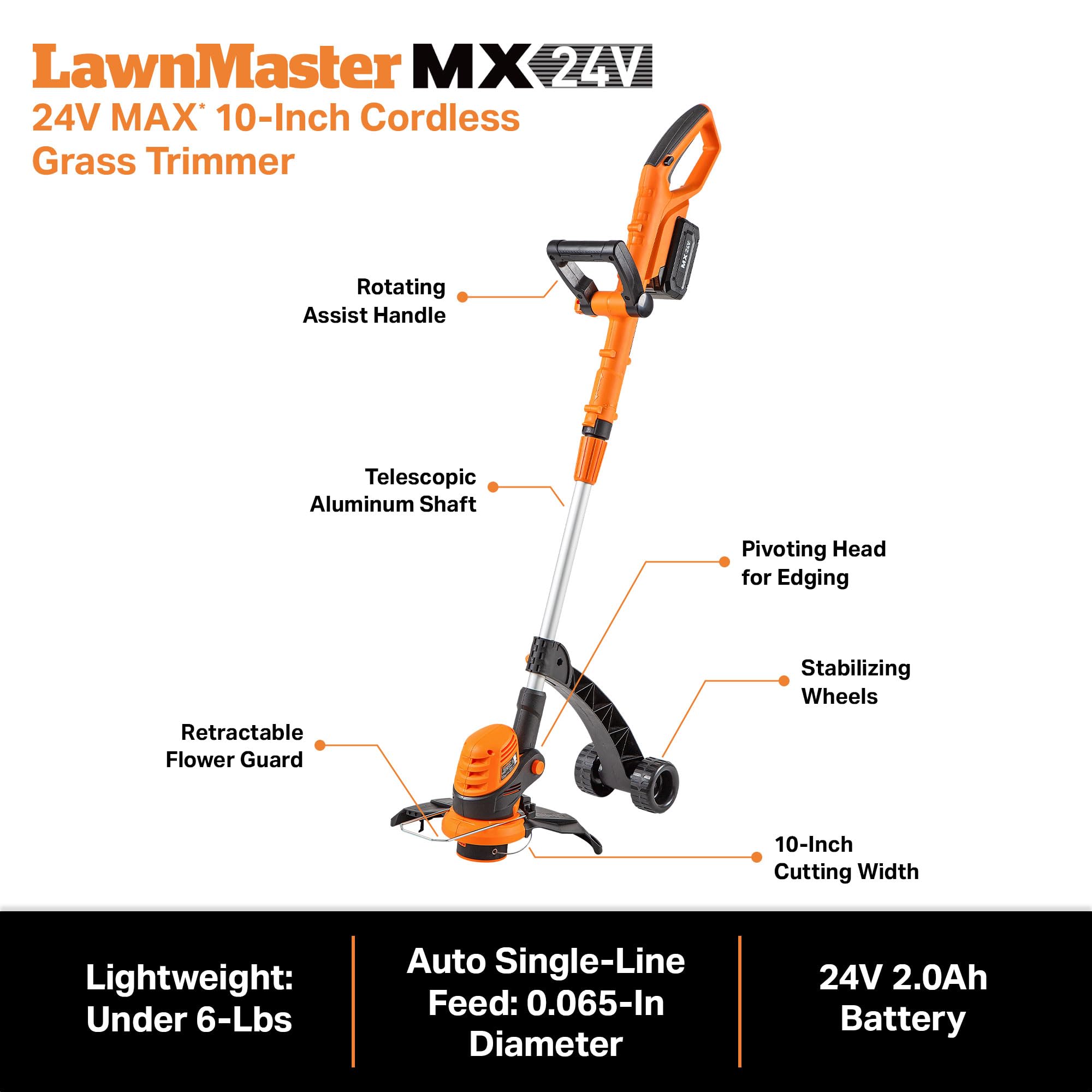 LawnMaster CLGT2410S auto line feed and retractable guard for smooth trimming.