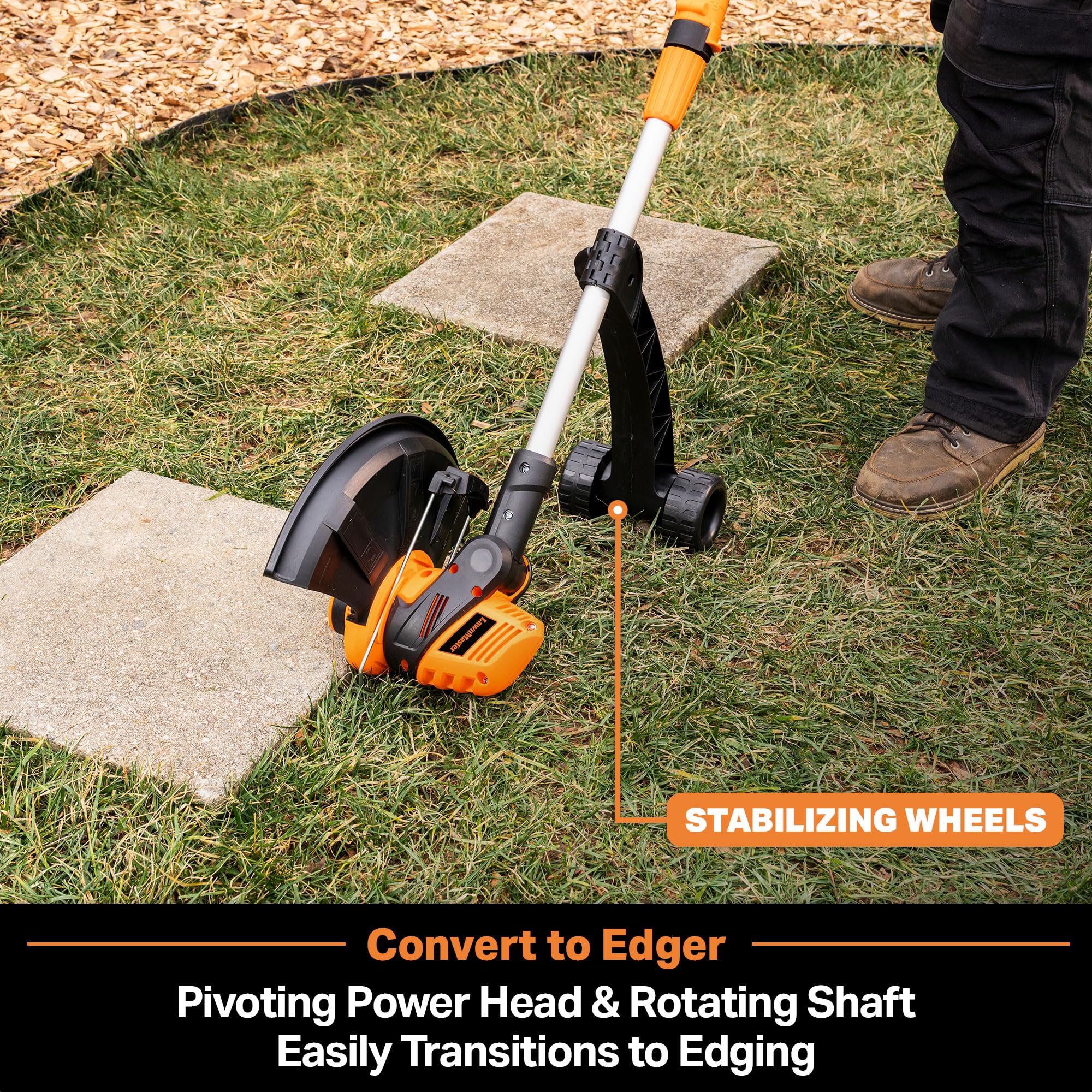 LawnMaster CLGT2410S stabilizing wheels improve balance during trimming.
