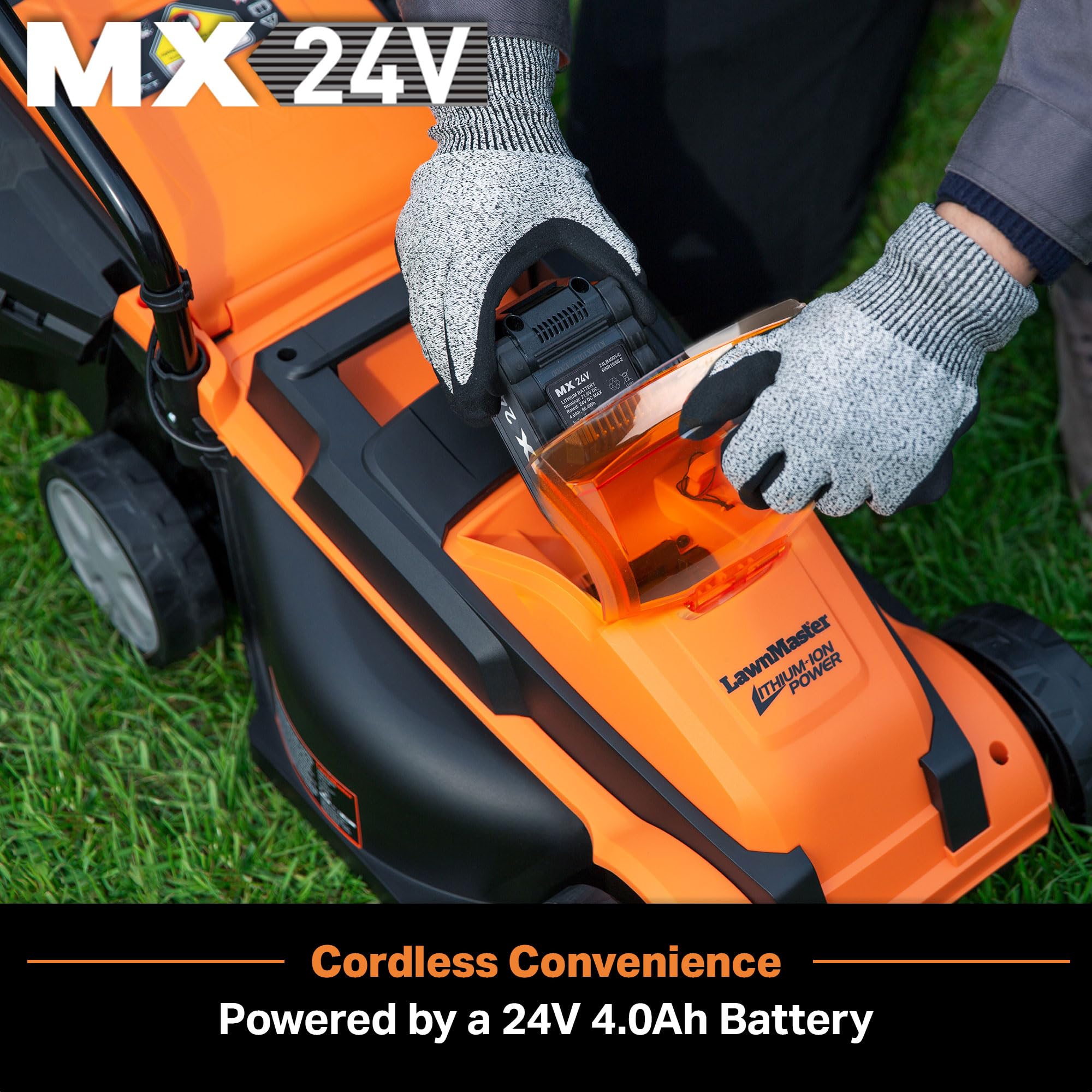 LawnMaster CLM2413A battery pack emphasizes 4.0Ah capacity for longer sessions.