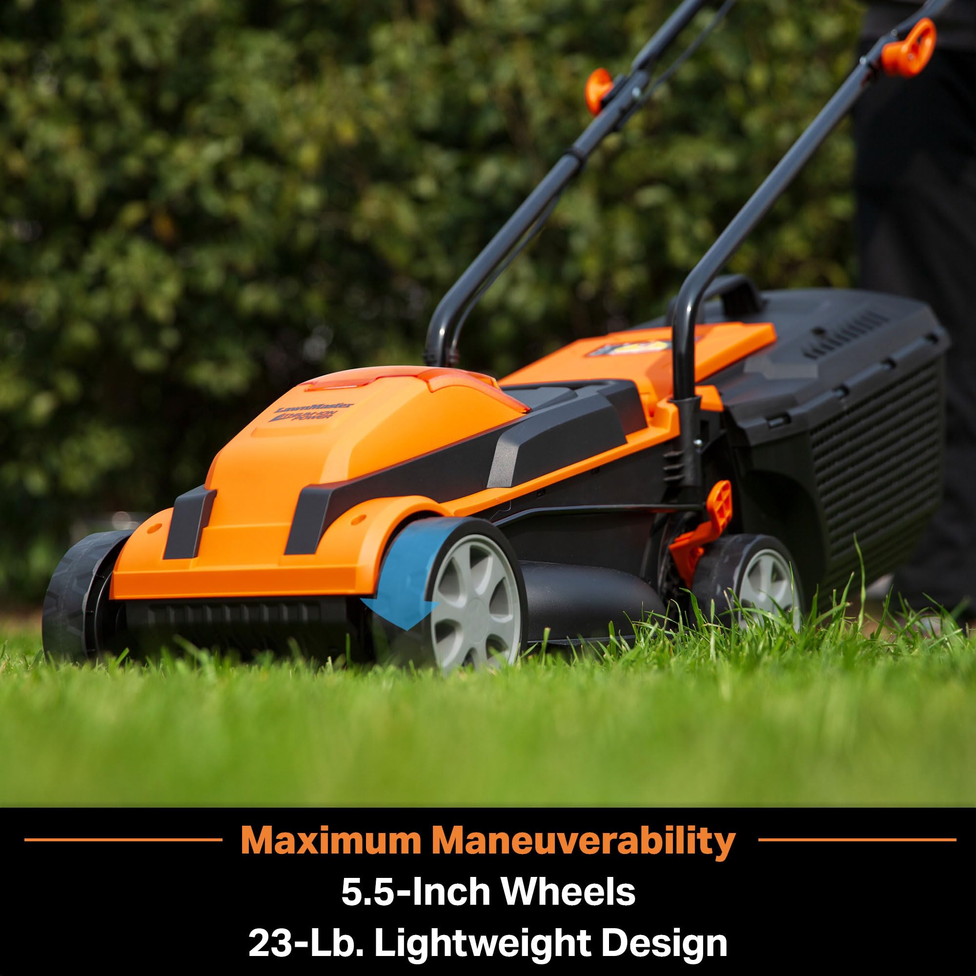 LawnMaster CLM2413A charger ready for quick recharge after mowing.