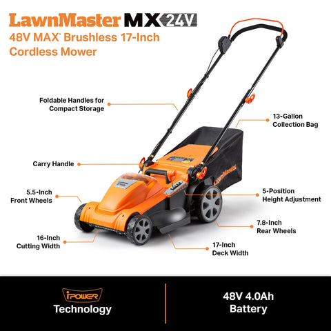 LawnMaster CLMF4817E 48V brushless motor for smooth mowing