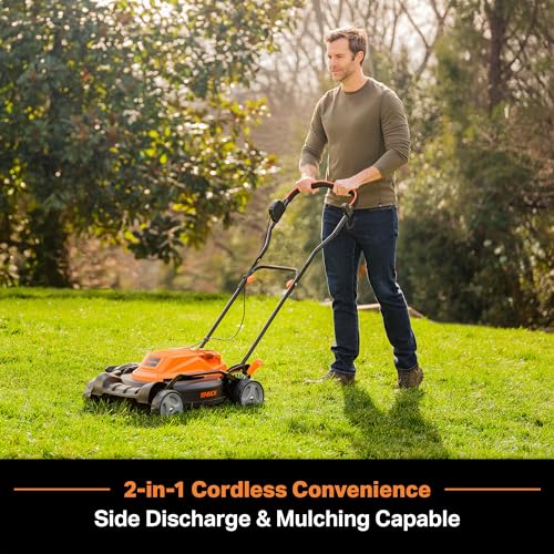 LawnMaster CLMF4819X dual battery pack powers cordless mowing.