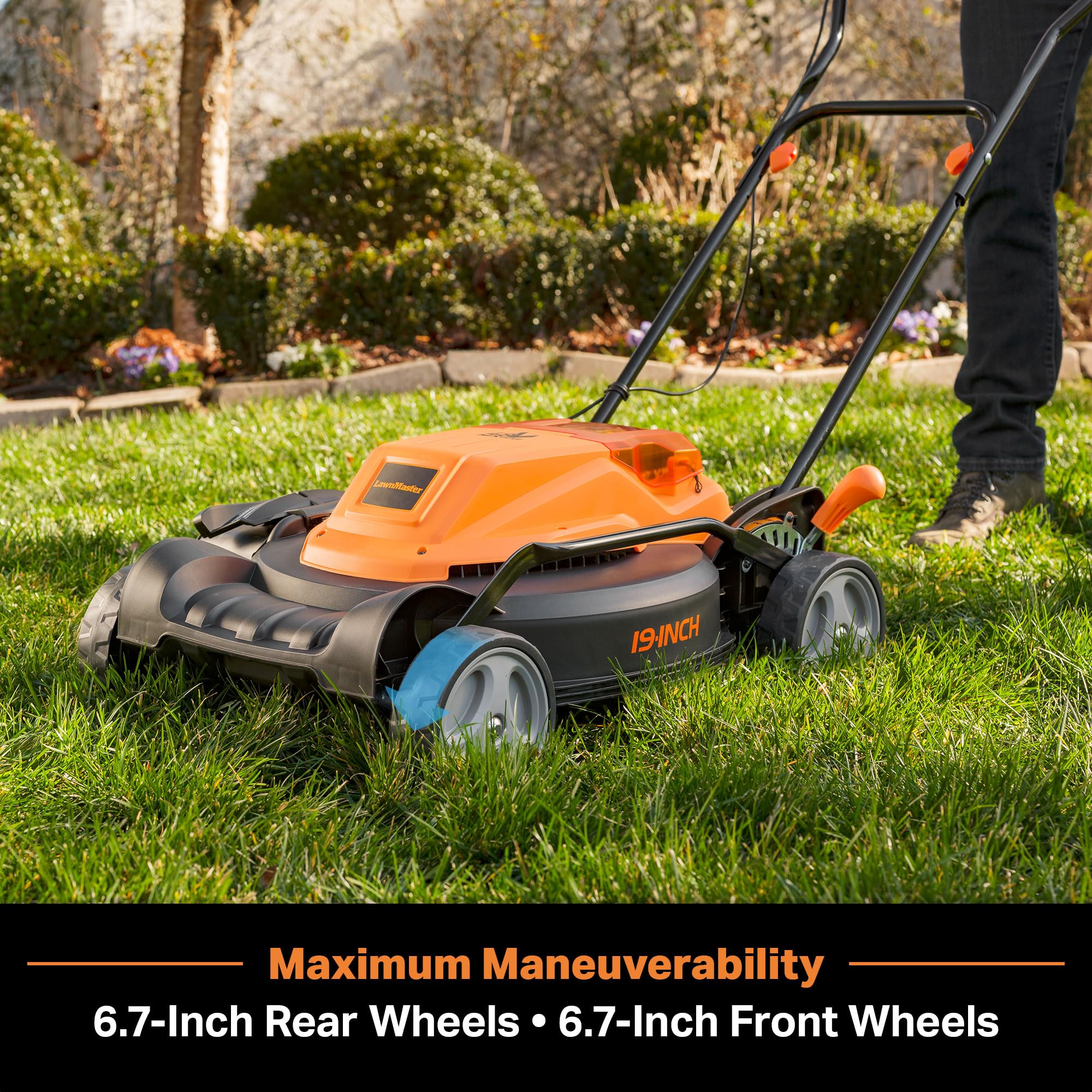 LawnMaster CLMF4819X dual charger enables quick battery recharging.