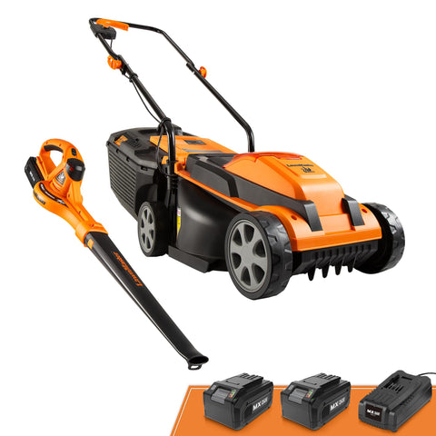 LawnMaster cordless mower close-up showing 3700 RPM power for efficient cutting