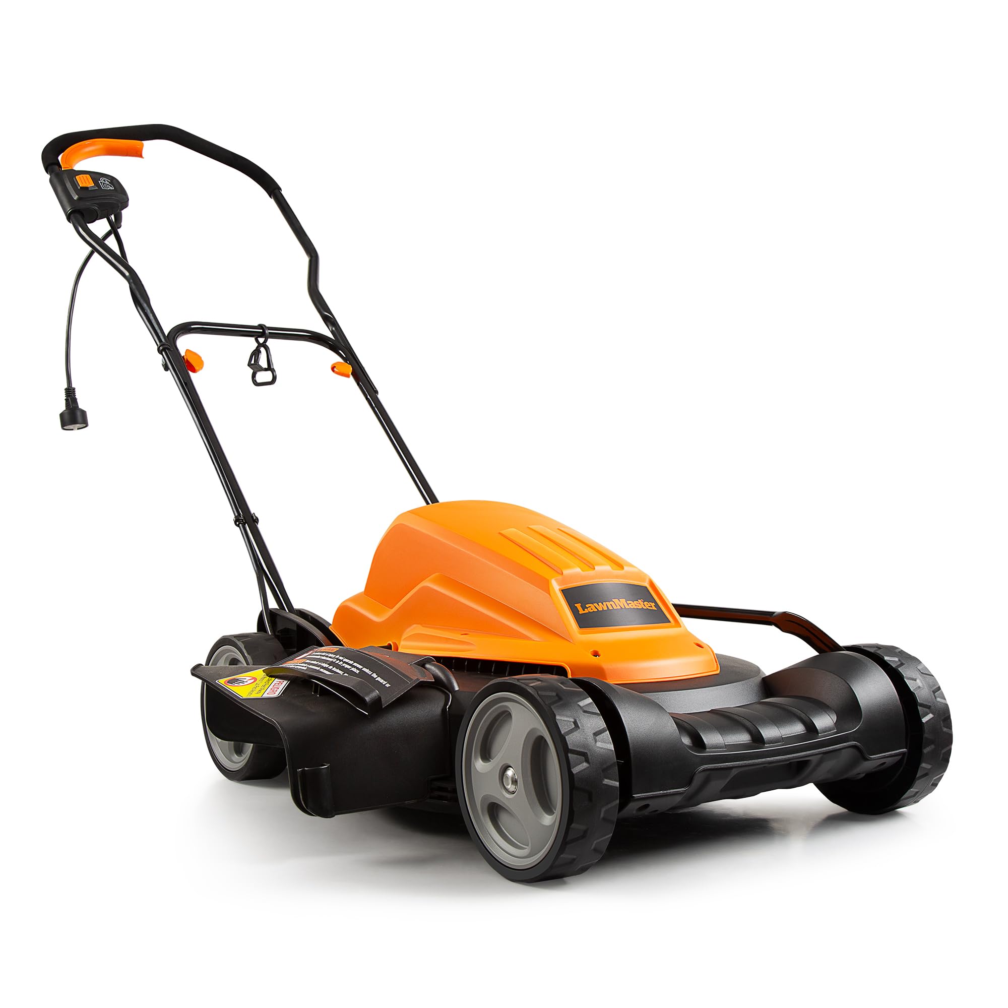 LawnMaster electric lawn mower with a 19-inch deck in action for efficient mowing