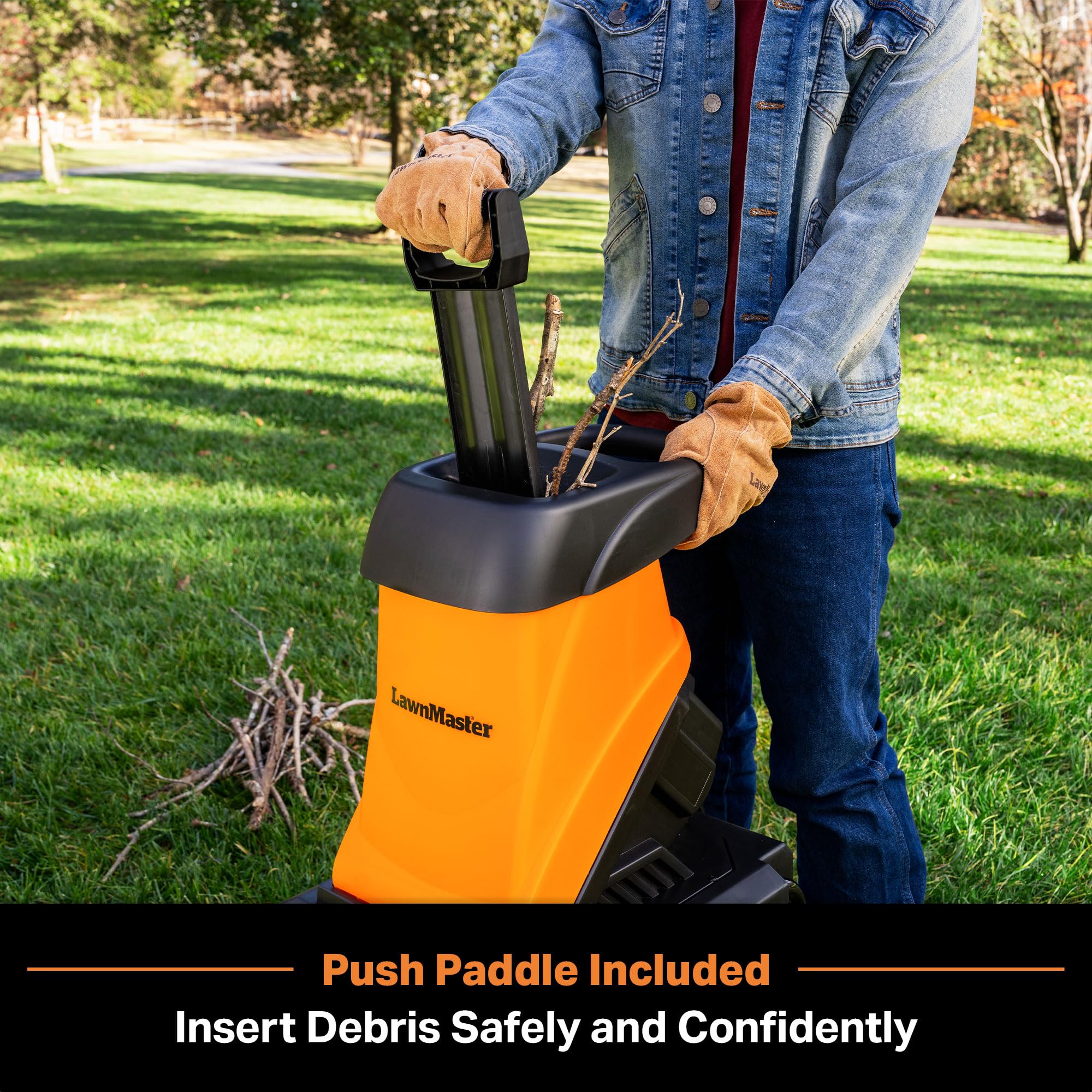 LawnMaster FD1504 in action chipping branches up to 1.8 inches