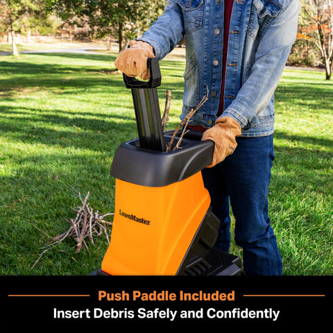LawnMaster FD1504 in action chipping branches up to 1.8 inches