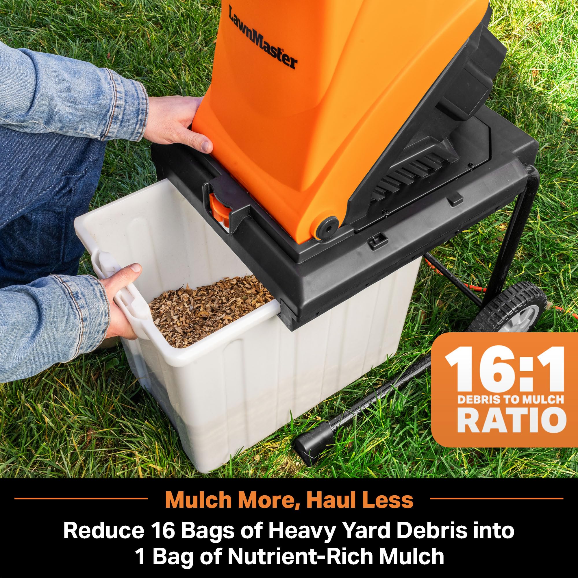 LawnMaster FD1504 with 12-gallon collection bin for mulch storage
