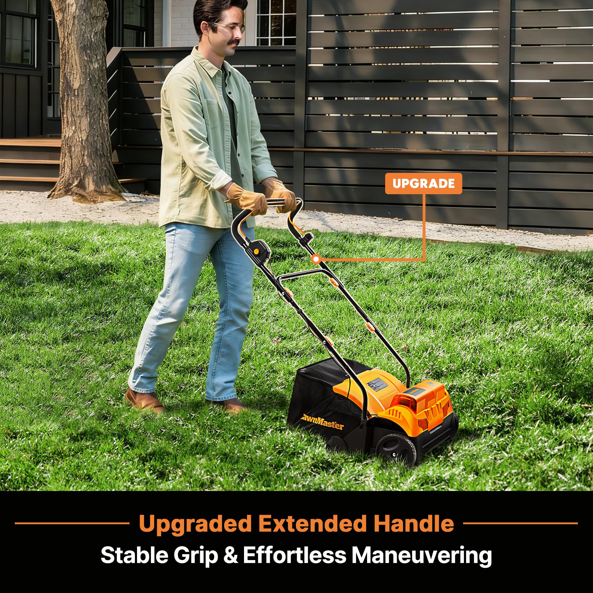 LawnMaster 6.7-inch front wheels enable smooth navigation around lawns.