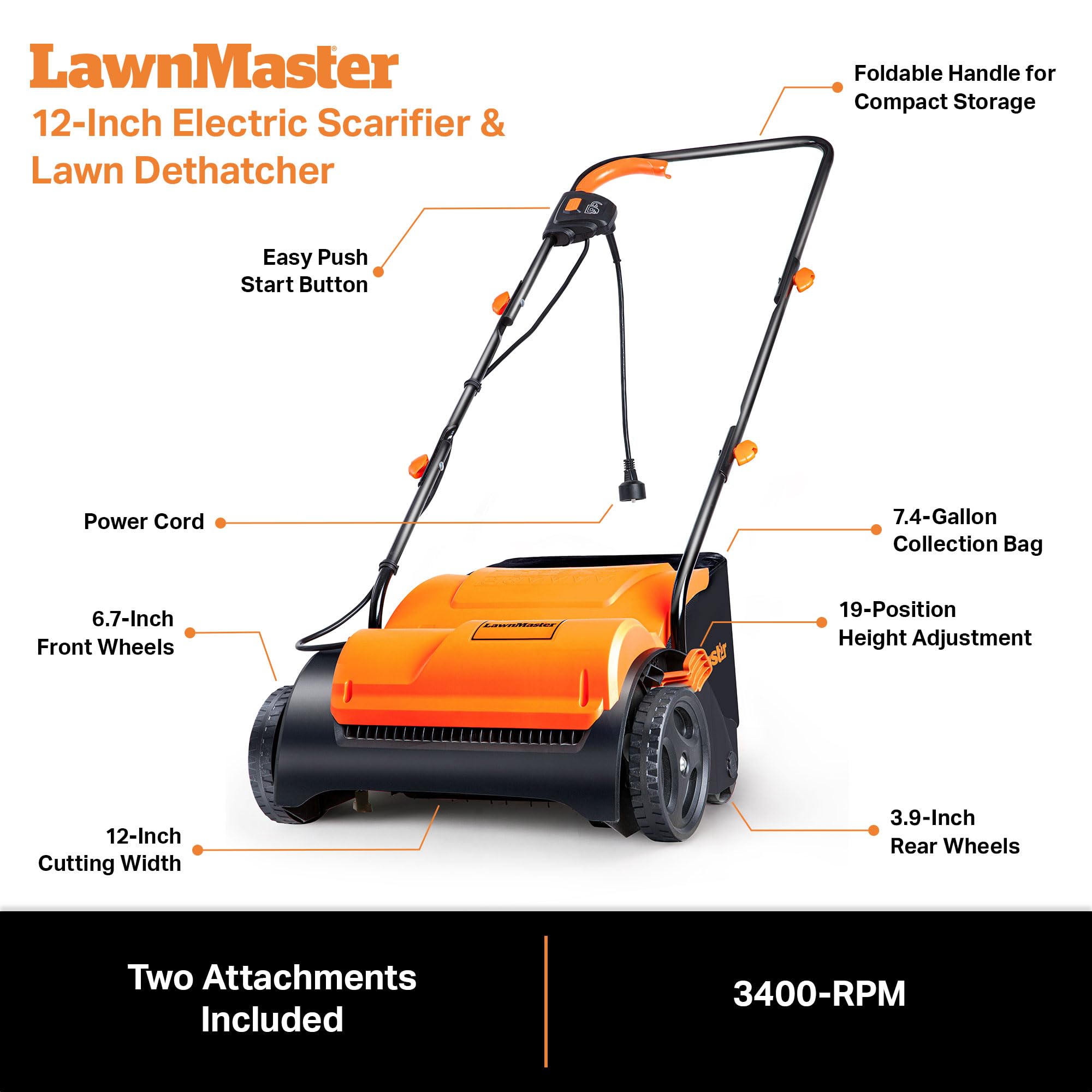 LawnMaster GV1212B front wheels ease maneuverability across the lawn.