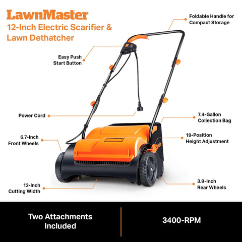 LawnMaster GV1212B front wheels ease maneuverability across the lawn.