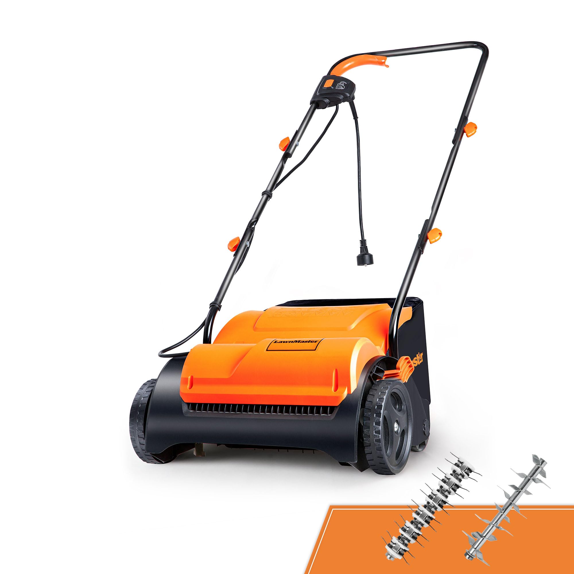 LawnMaster GV1212B scarifier in action, improving lawn aeration and moss removal.