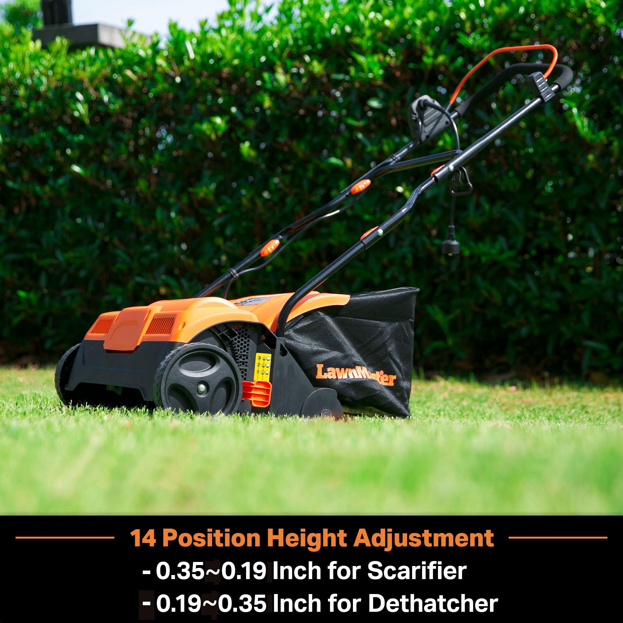 LawnMaster GVB1316 13-amp motor delivers strong dethatching and scarifying power