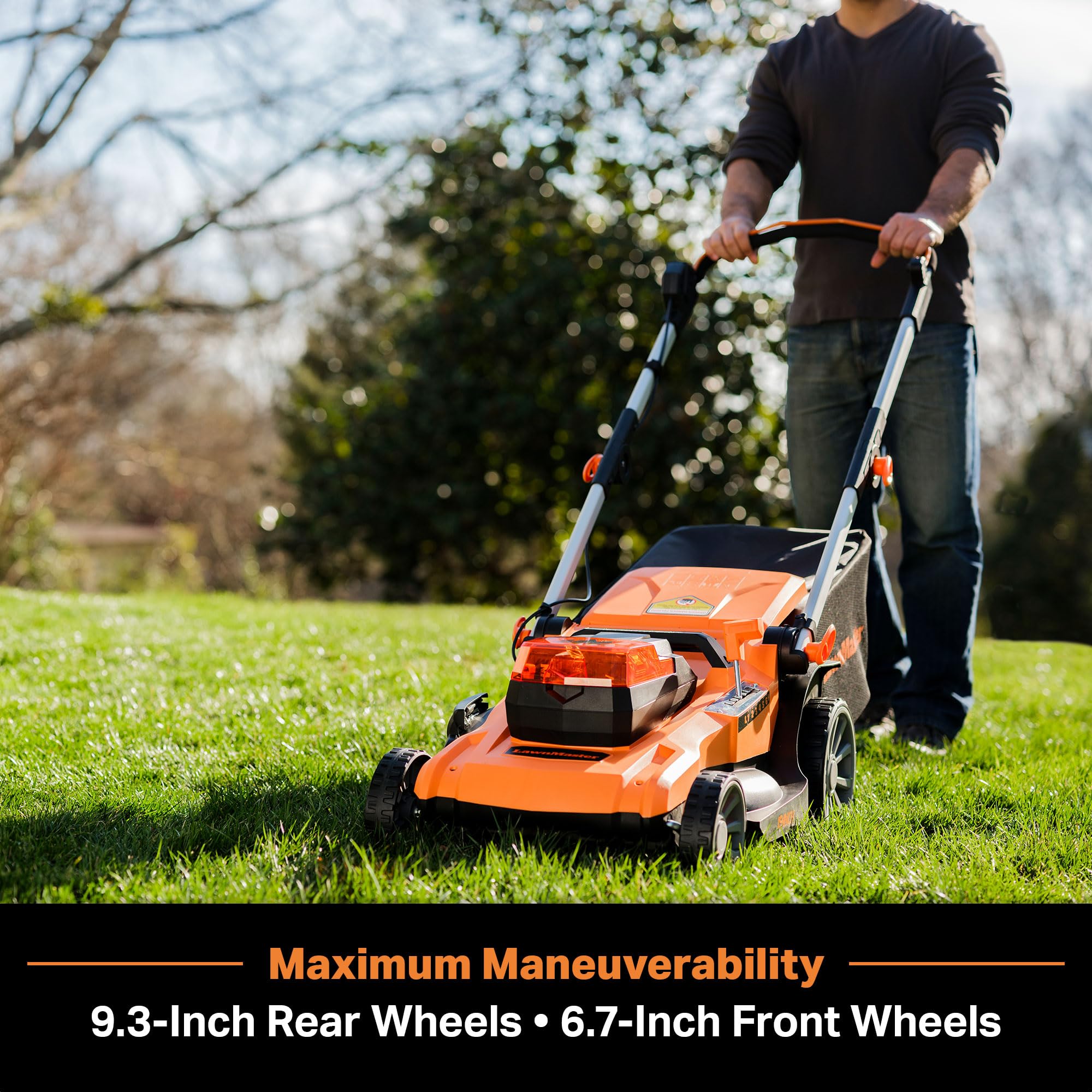 LawnMaster bagging function with a 15-gallon grass bag