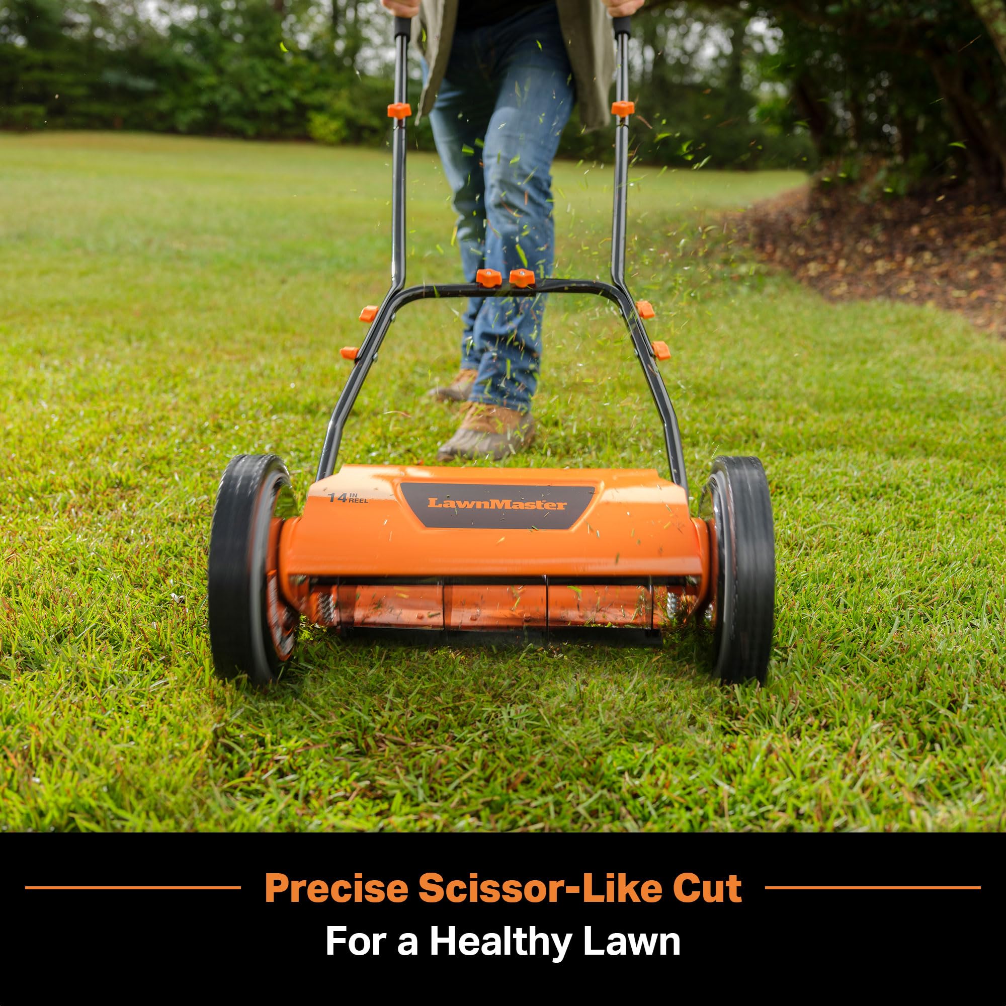LawnMaster LMRM1401 side view highlights lightweight maneuverability.