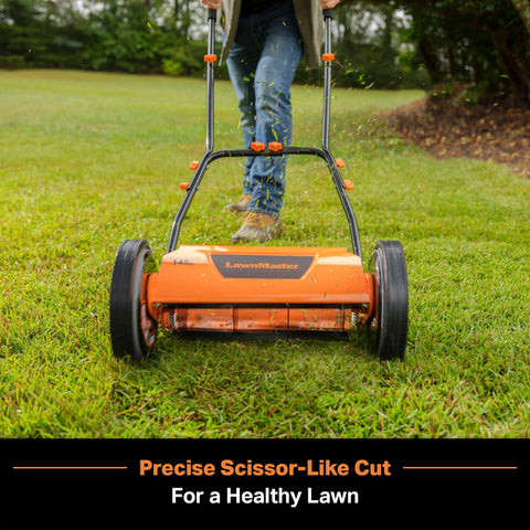 LawnMaster LMRM1401 side view highlights lightweight maneuverability.