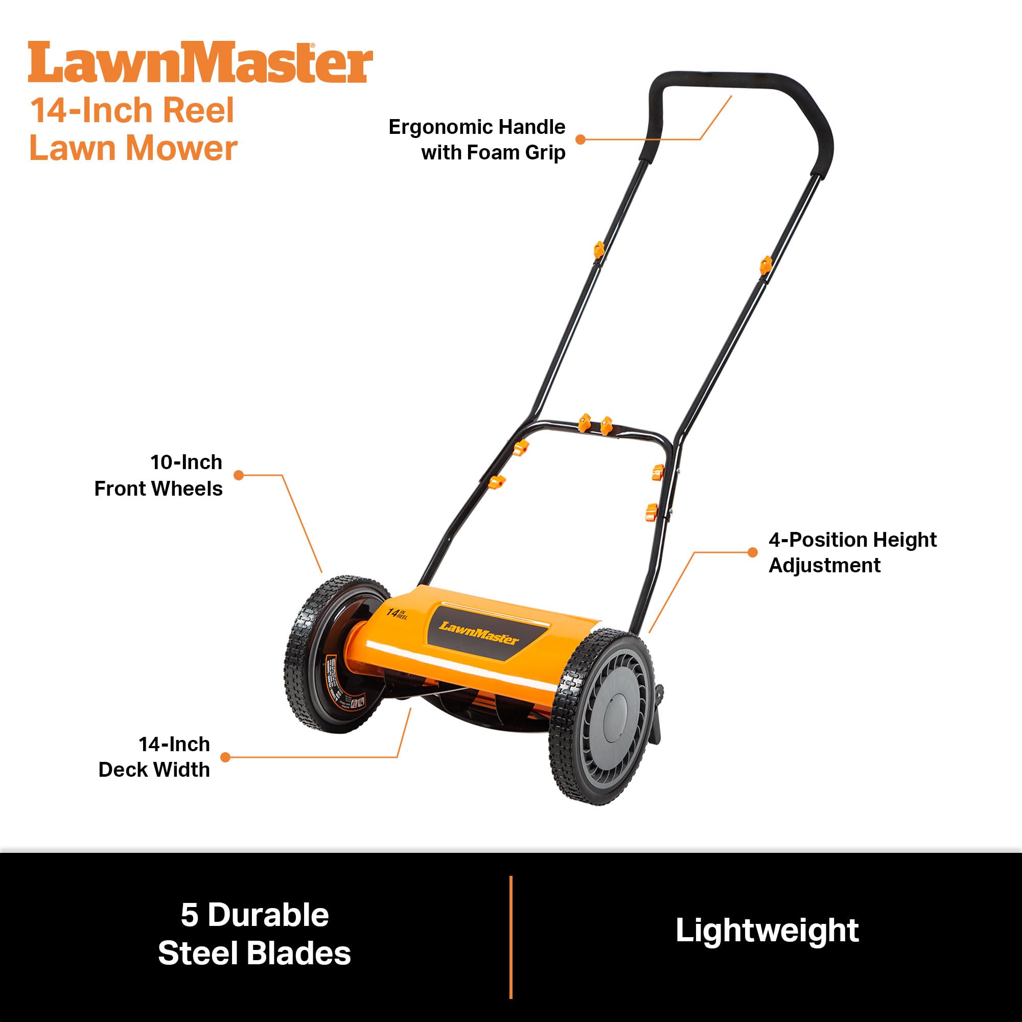 LawnMaster LMRM1401 stored compactly after mowing.