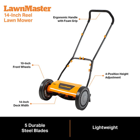 LawnMaster LMRM1401 stored compactly after mowing.