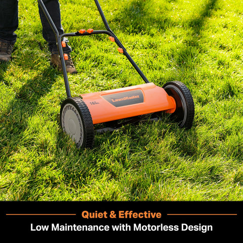 LawnMaster LMRM1602 10-inch front wheels aiding maneuverability.