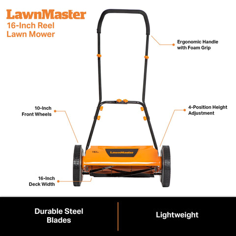 LawnMaster LMRM1602 motorless design reduces noise.
