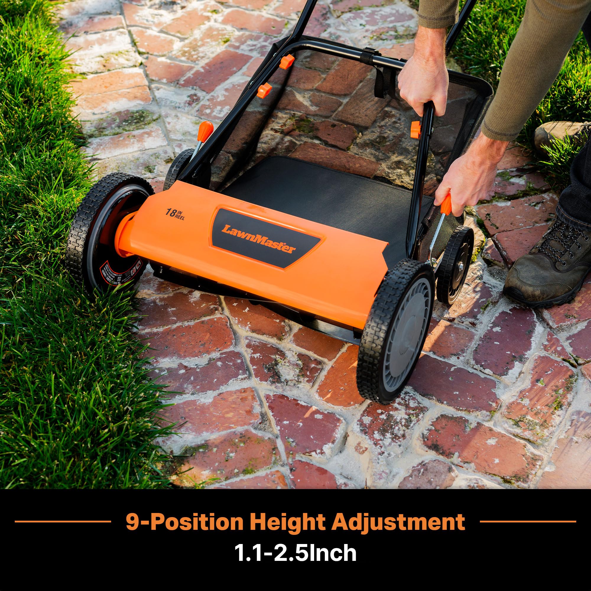 LawnMaster LMRM1801 front 10-inch wheels enhance maneuverability around edges.