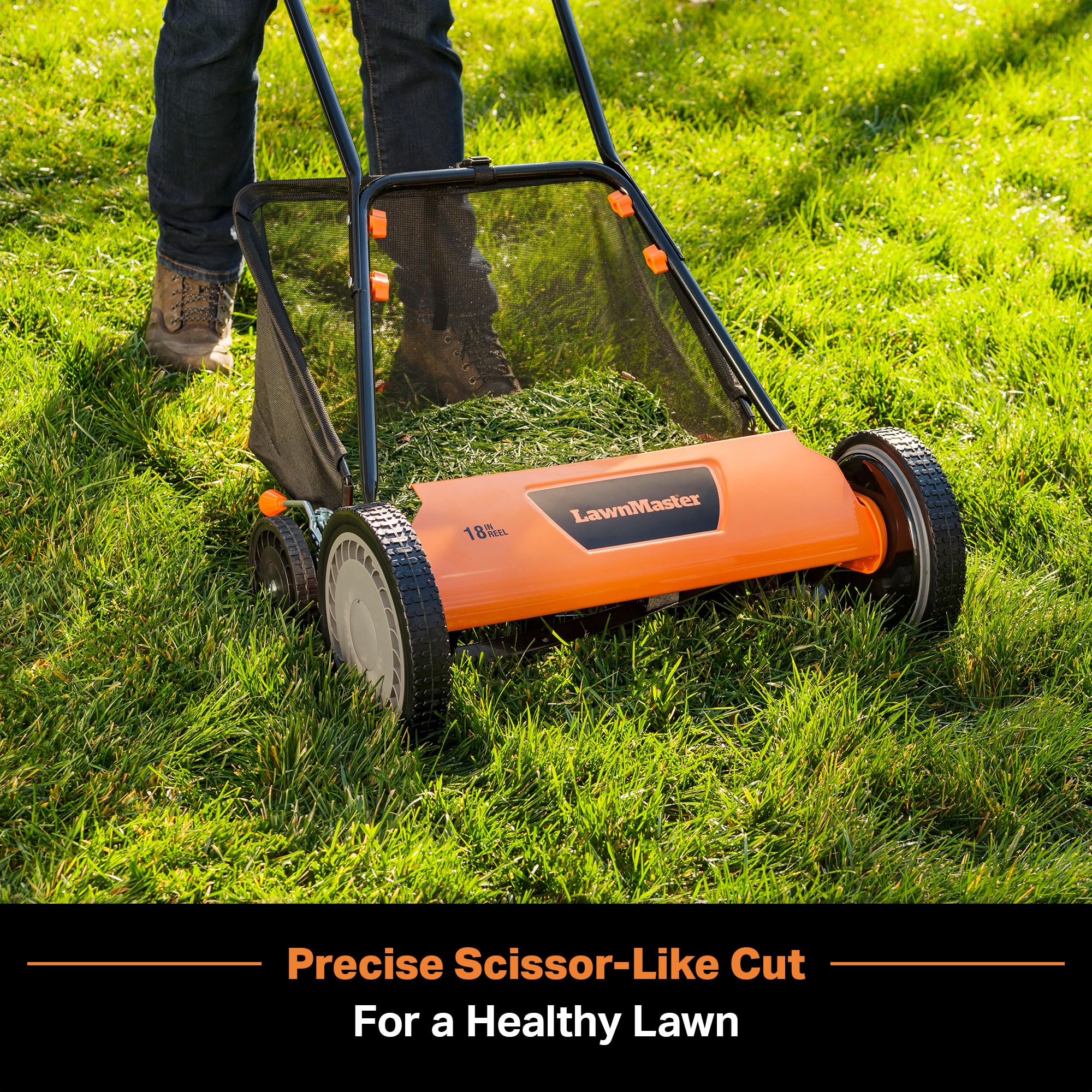 LawnMaster LMRM1801 height adjustment with nine positions for varied lawn heights.