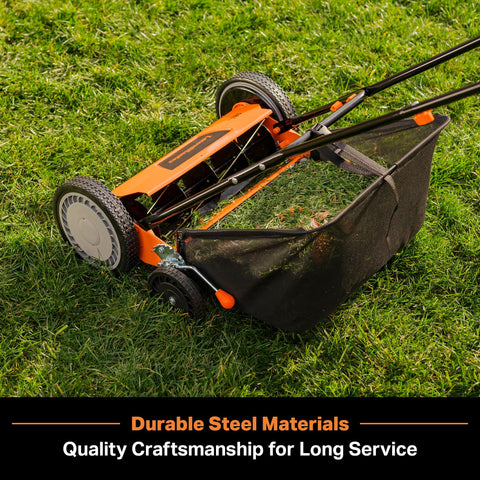 LawnMaster LMRM1801 motorless design reduces emissions and maintenance.