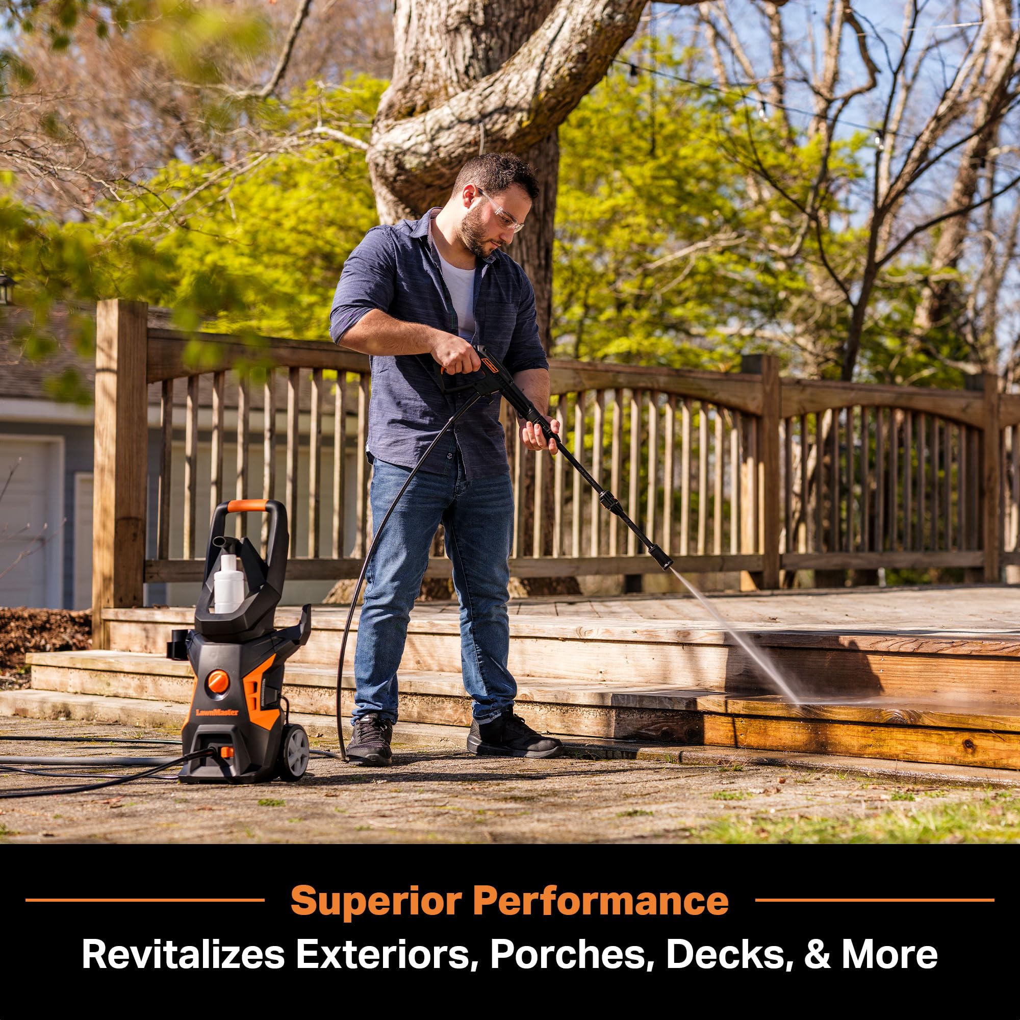 LawnMaster LT306-1800C 35-ft cord extends reach.