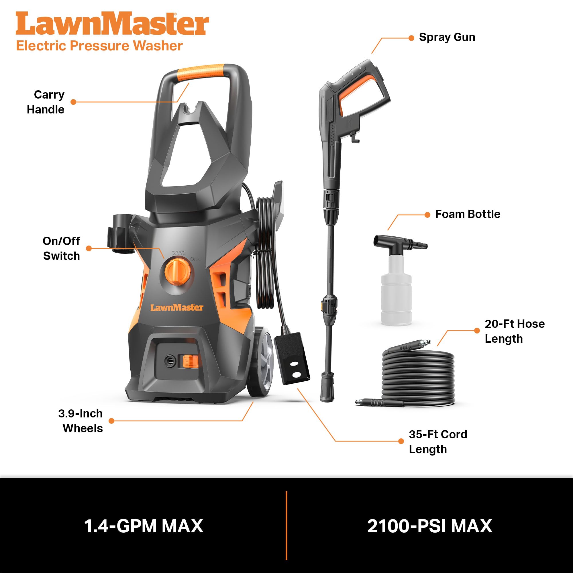 LawnMaster LT306-1800C included foam bottle and accessories.