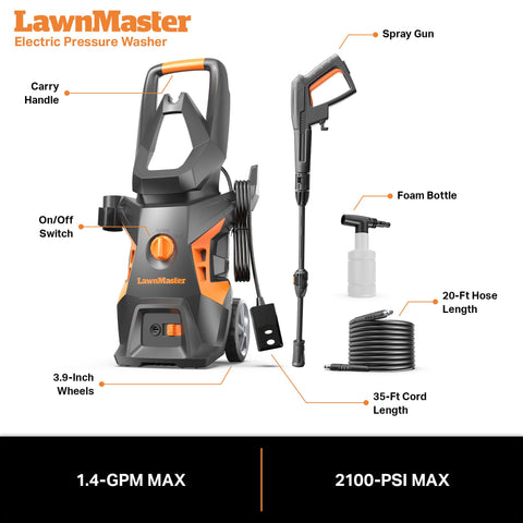 LawnMaster LT306-1800C included foam bottle and accessories.