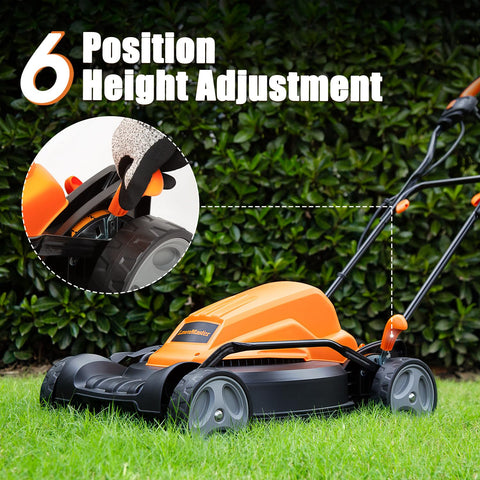 LawnMaster ME1218X height adjustment lever demonstrated for precise cutting