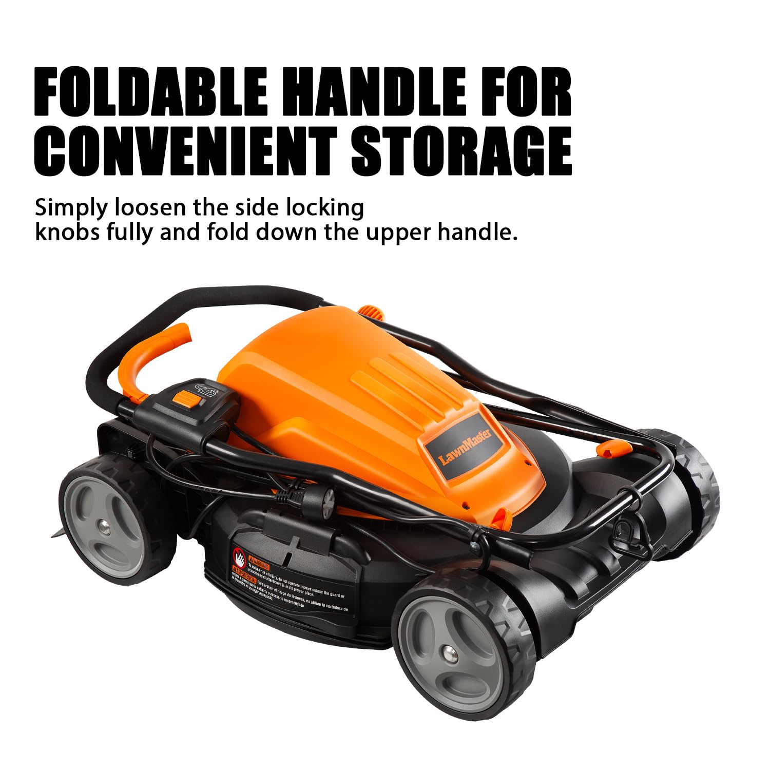 LawnMaster ME1218X shown with side-discharge option for quick clippings disposal