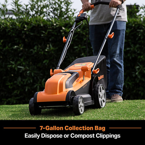 LawnMaster MEB1114K close-up of the 14-inch cutting width for efficient trims