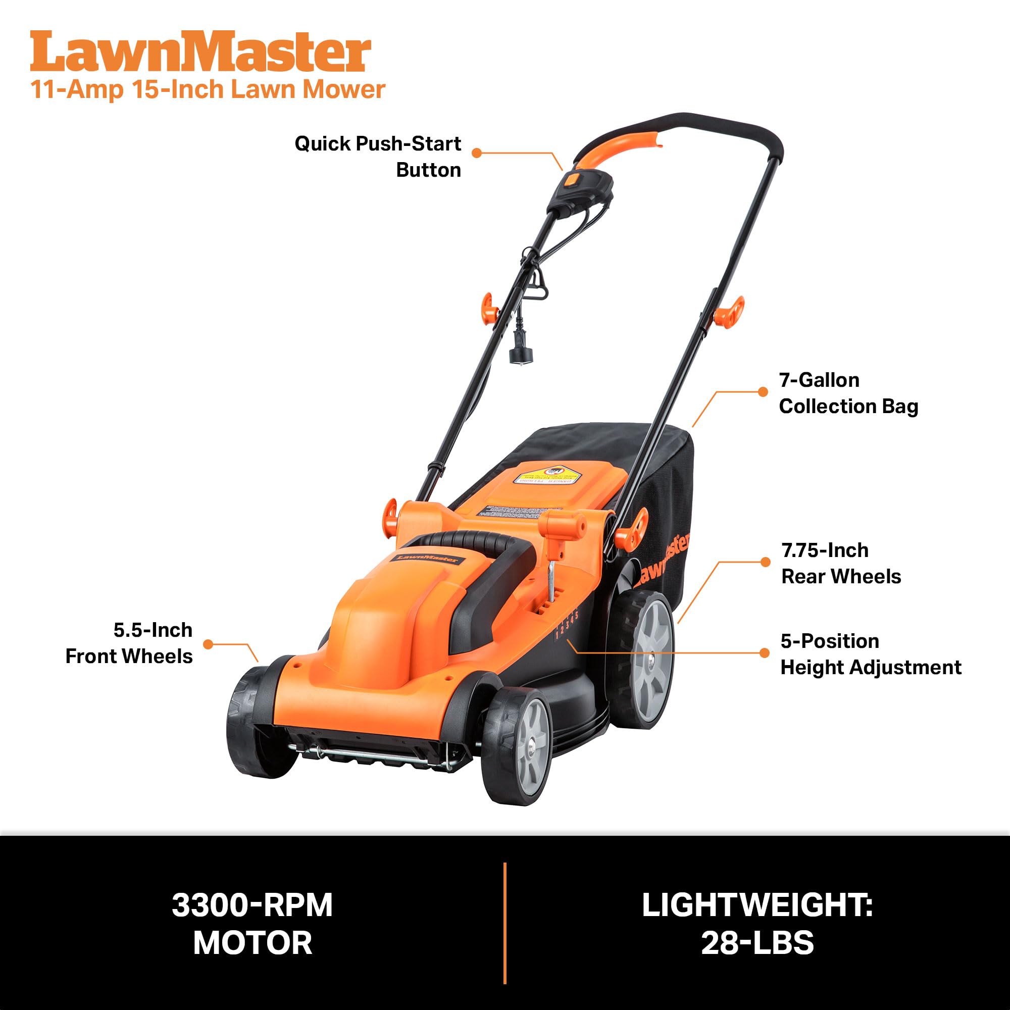 LawnMaster MEB1114K folding handle for compact storage after mowing