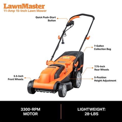 LawnMaster MEB1114K folding handle for compact storage after mowing