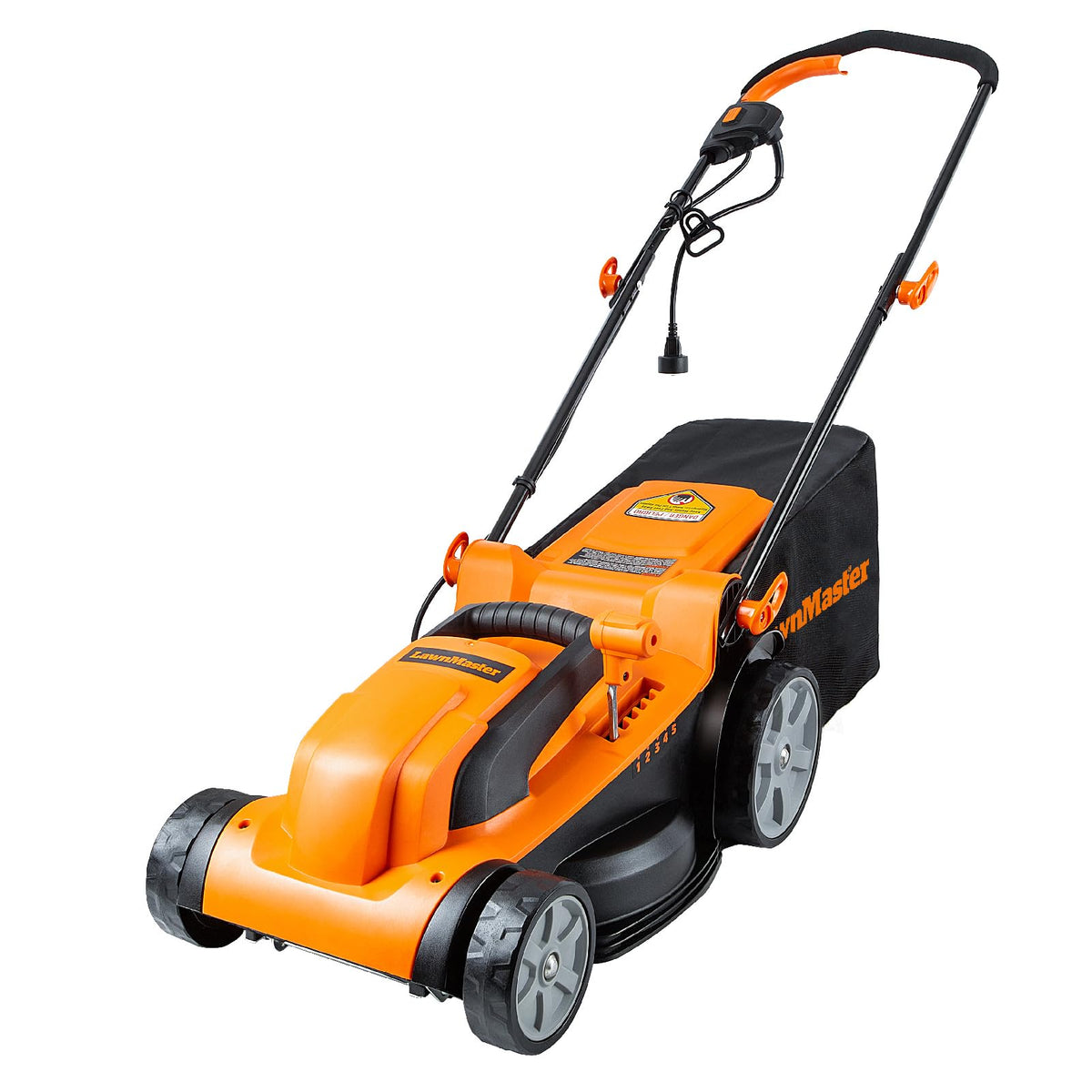 LawnMaster MEB1114K mower in yard showing a compact electric design and clean lines